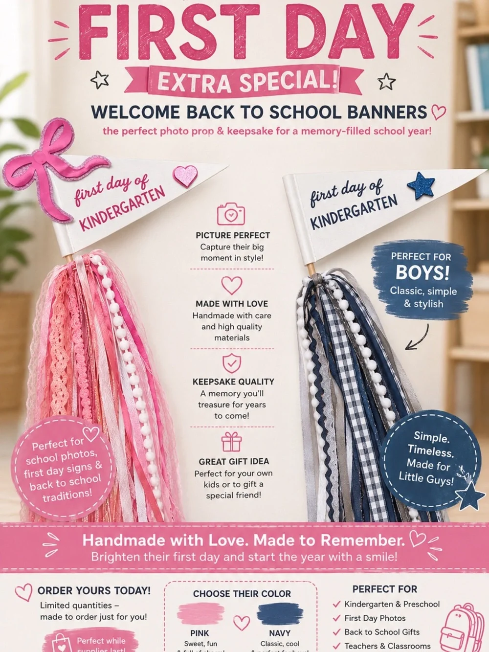 First Day of Kindergarten Banner Tassel - Pink & Navy Options can be personalize